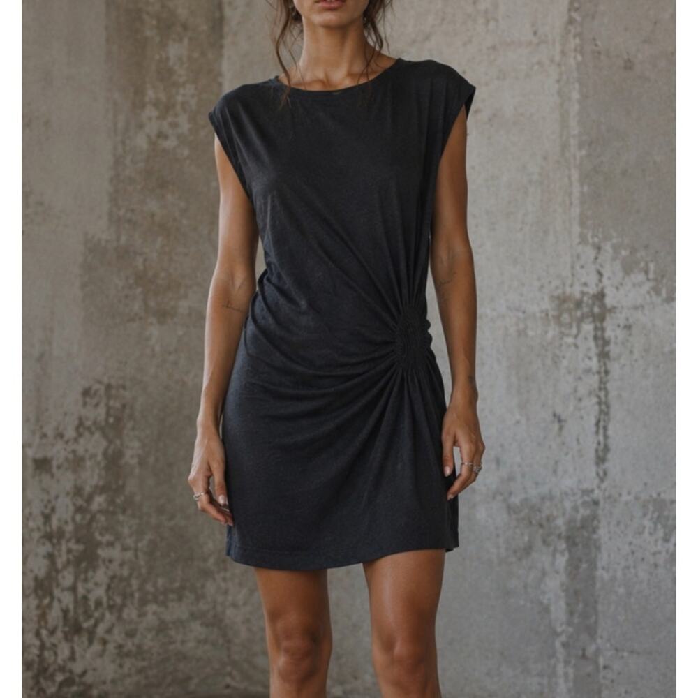 AllSaints Relian Dress Women’s Small Dark Charcoal Ruched Minimalist Midi Dress
